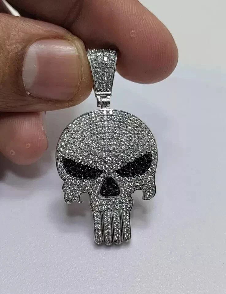 14K White Gold Plated Skull Pendant Necklace 2 Ct Round Simulated Black Diamond