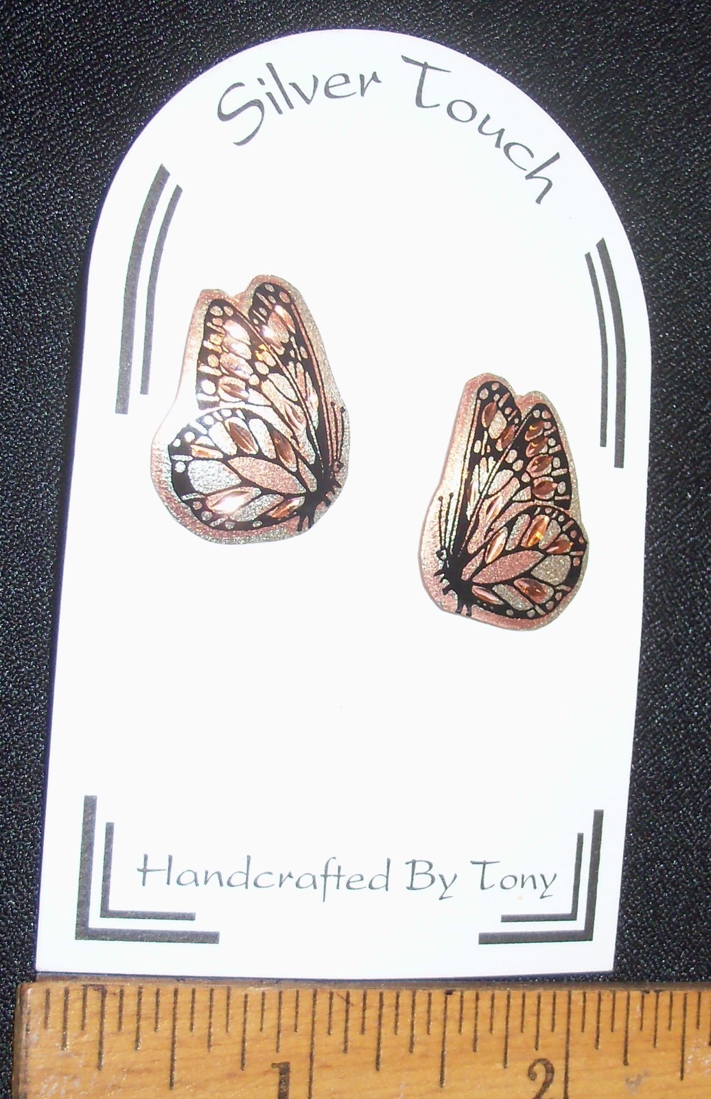 BUTTERFLY DESIGN-HAND ENGRAVED COPPER EARRINGS W/SILVER PLATE & BLACK ENAMEL