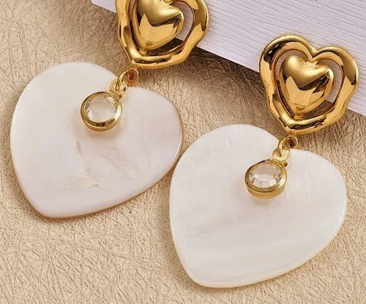 Opulent Luminous Shell Look Heart Dangle 18K Gold PVD Stainless Steel Earrings
