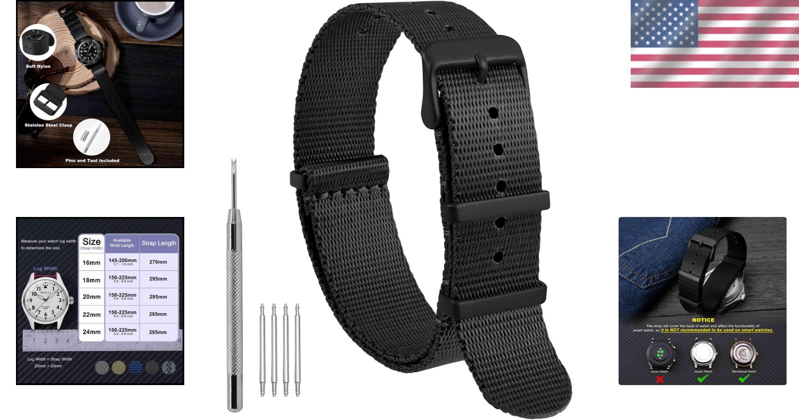22mm Military Nylon Watch Band – Stylish Black Strap with Stainless Steel Buckle