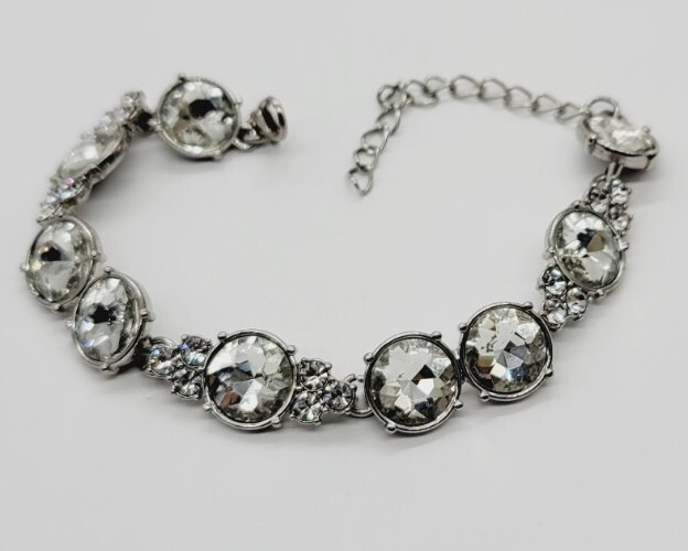 Crystal Bracelet rhinestone Silver Tone 9 in Statement Bridal Prom Wedding #B11