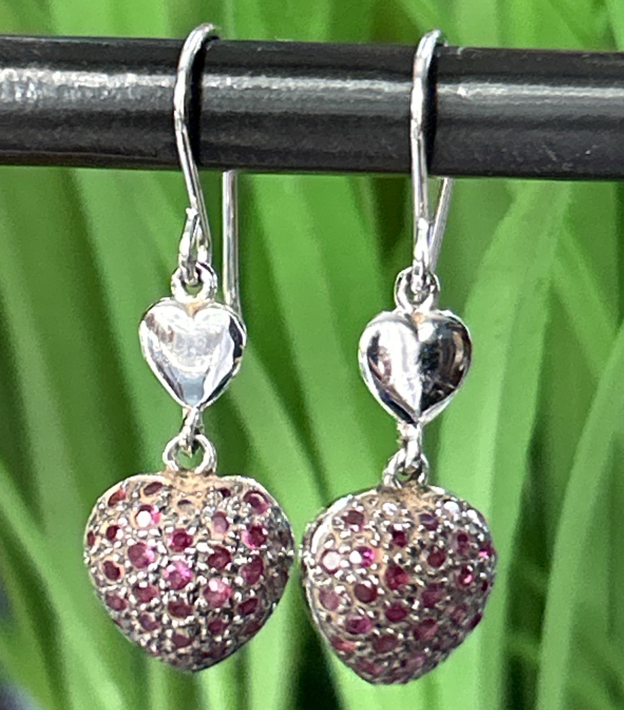 VTG OTC 925 Sterling Silver lab created Ruby Puffy Heart Pave Earrings 1.25” 4g