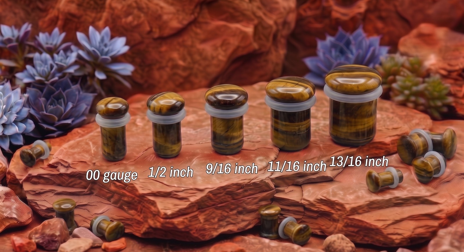 Pair Single Flare Tiger Eye Stone Plugs gauges organic Size 8ga to 5/8 Inch E554