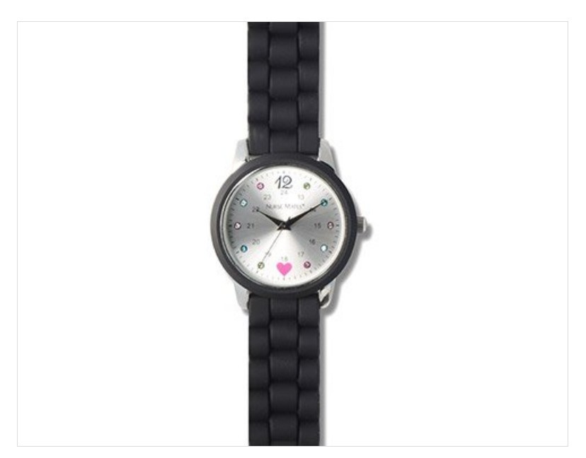Nurse Mates Sparkle nurse watch water-resistant Silicone strap – Black Silver