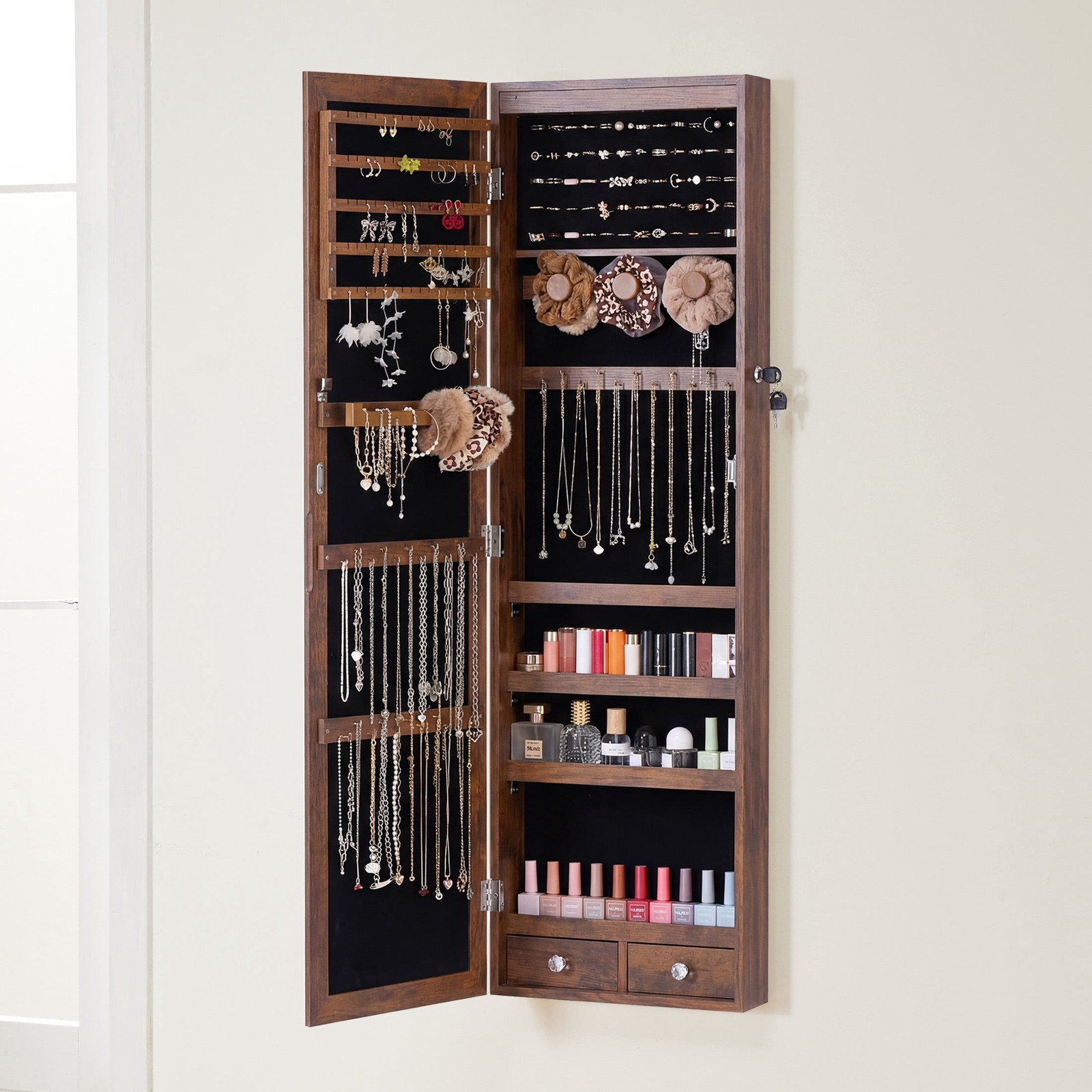 JHK Full Length Mirror Jewelry Cabinet w/ 6 LED Lights,Wall Mounted/Door Hanging