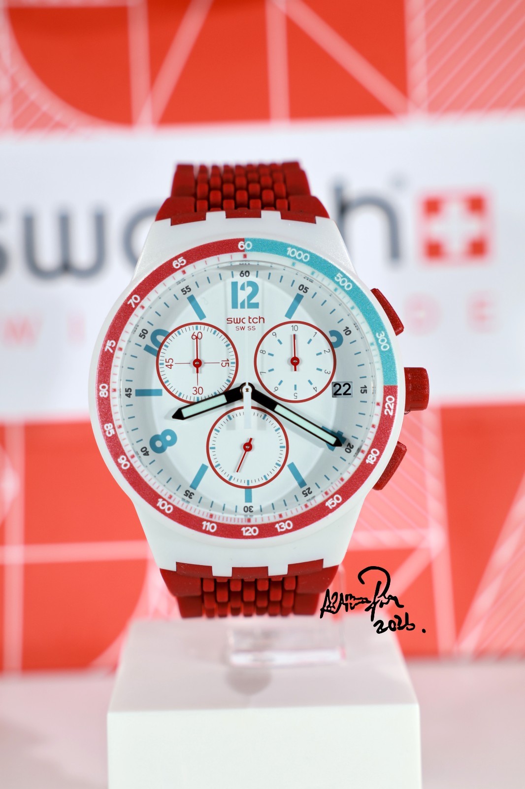 New Limited Swiss Swatch Red Track 42MM Light Gray with Multicolored Point Date