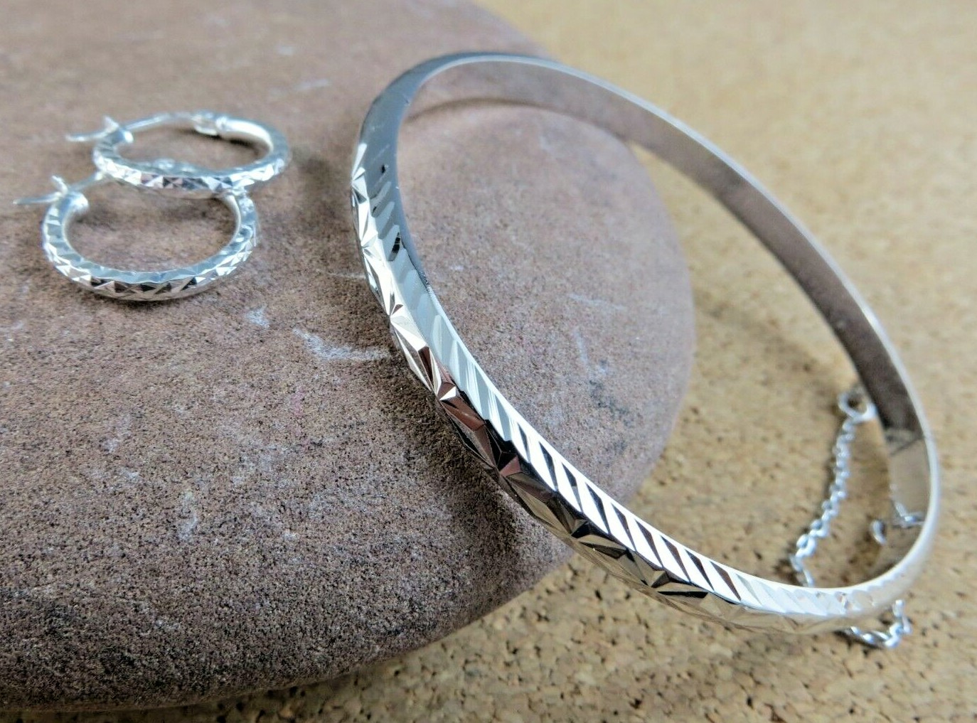 Etched Sterling Silver Hinged Bangle Bracelet & Latch back Hoop Earrings #209