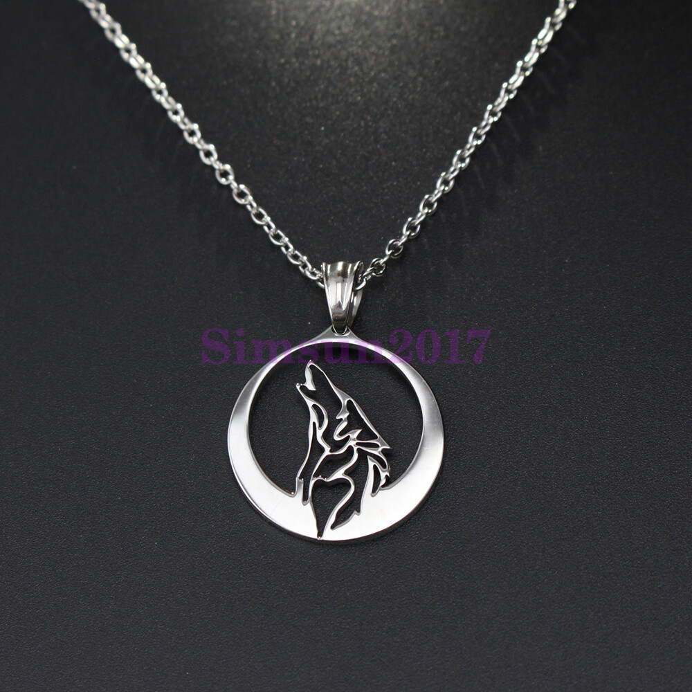 Stainless Steel Moon Night Wolf Necklace Pendant Howls Wolf Men Necklace