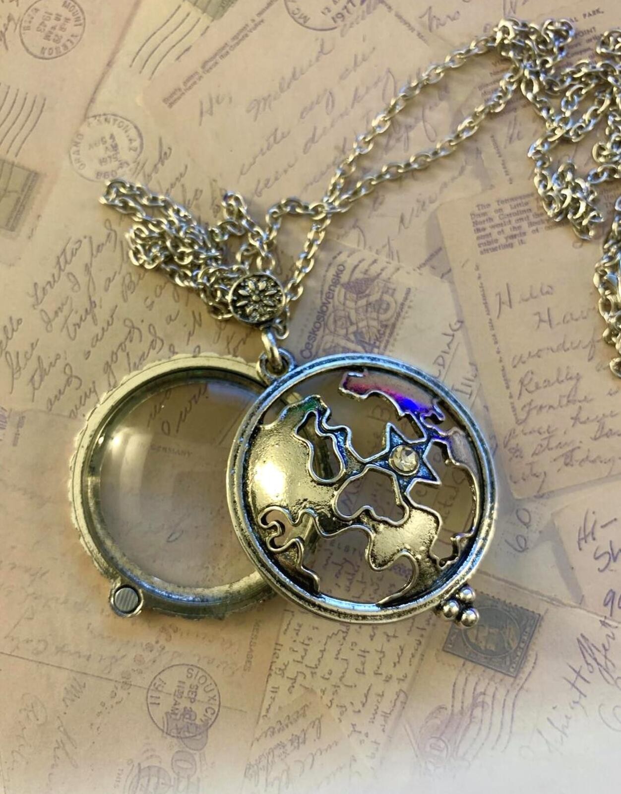 Silver Metallic World Map Magnifying Glass Locket Necklace