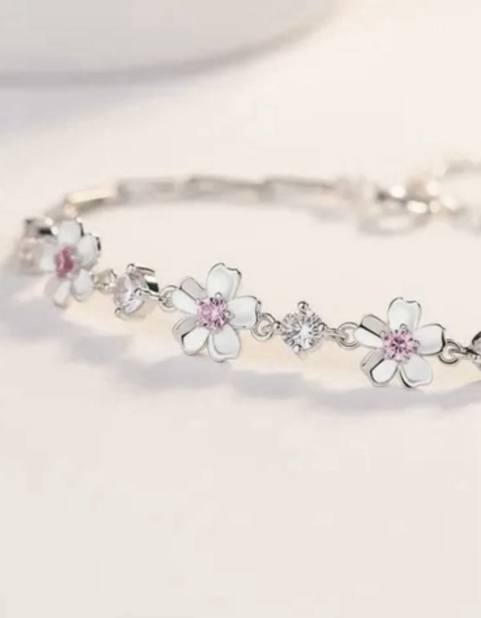 Pink Crystal Flower Tennis Bracelet 925 Sterling Silver Dainty Girly +FREE GIFT