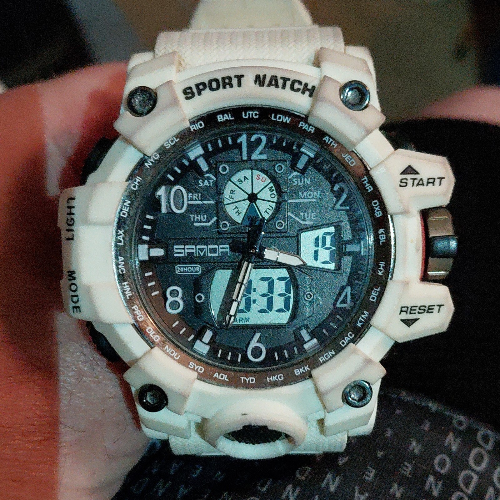 Sanda Analog-Digital Quartz Sport Watch Alarm 3m WR White Resin Black/Gray