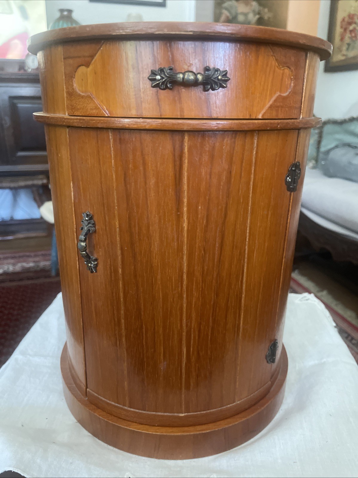 MCM round Wooden jewelry chest table top armoire W/ 5 Drawers And Mirror