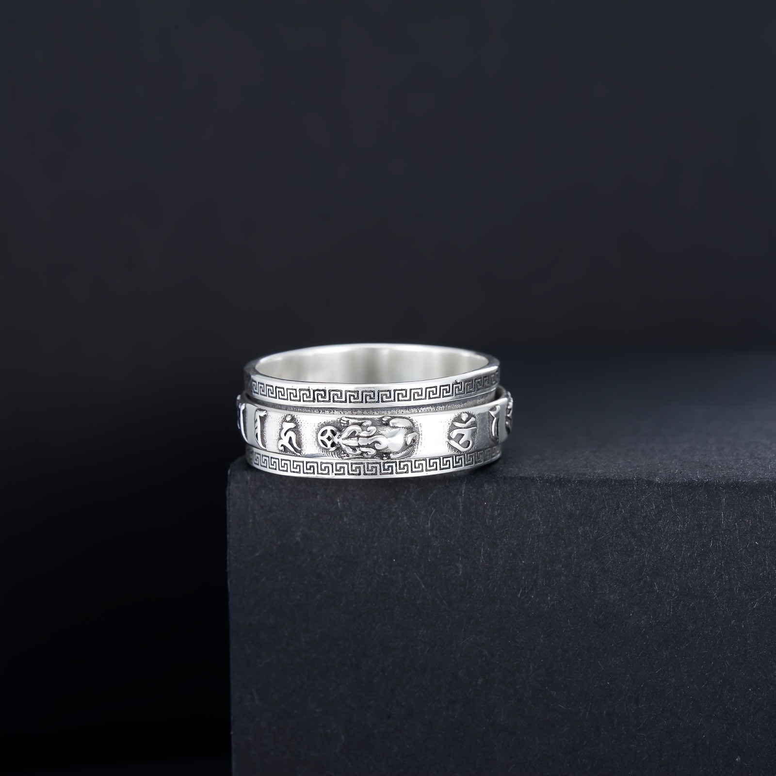 Sterling Silver Rotating Pixiu Ring With Mantra Greek Key Design Size 8 9