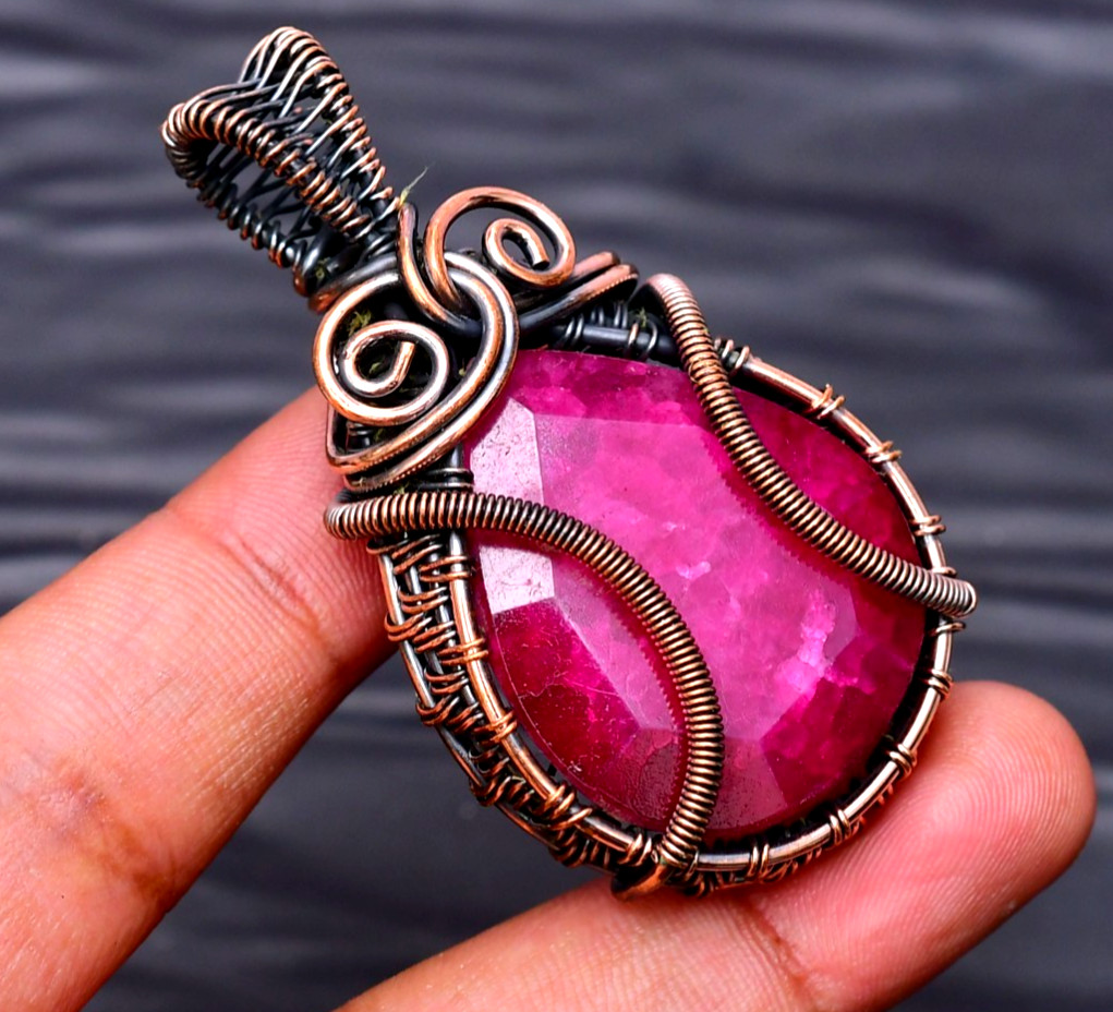 Ruby(Lab-Created) Gemstone copper wire wrapped Handmade pendant Jewelry 2.28″