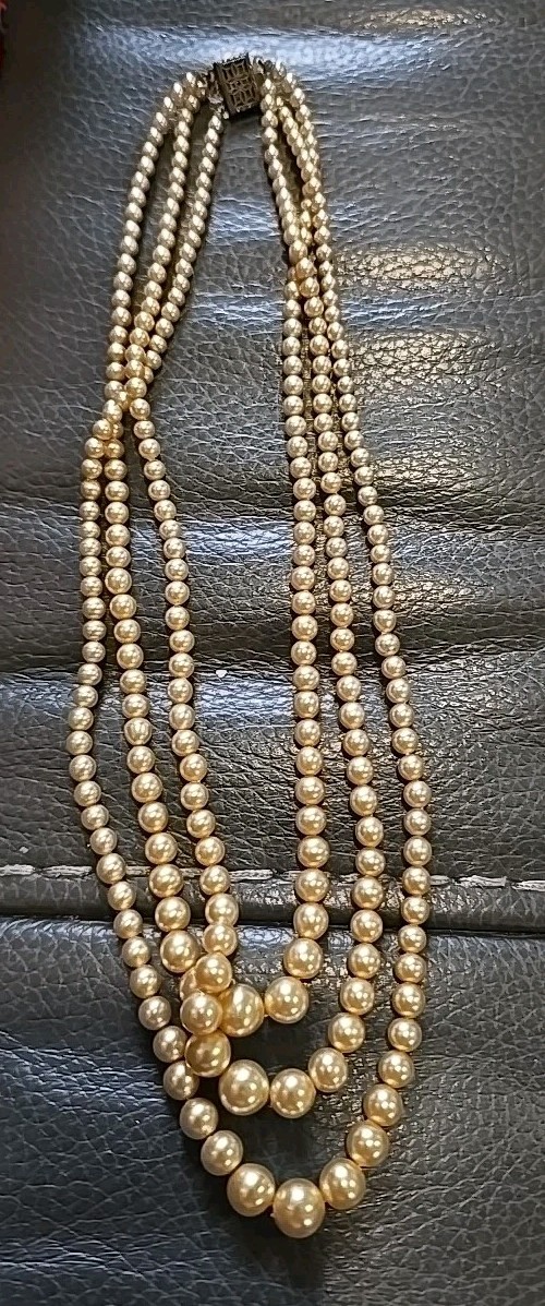 VNTG Sterling Clasp Triple Strain Pearl Necklace With Cultured Pearls 9 In Long