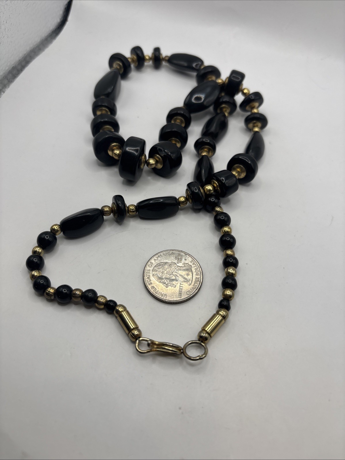 Vintage Black And Gold Toned Beaded Necklace Hook Clasp