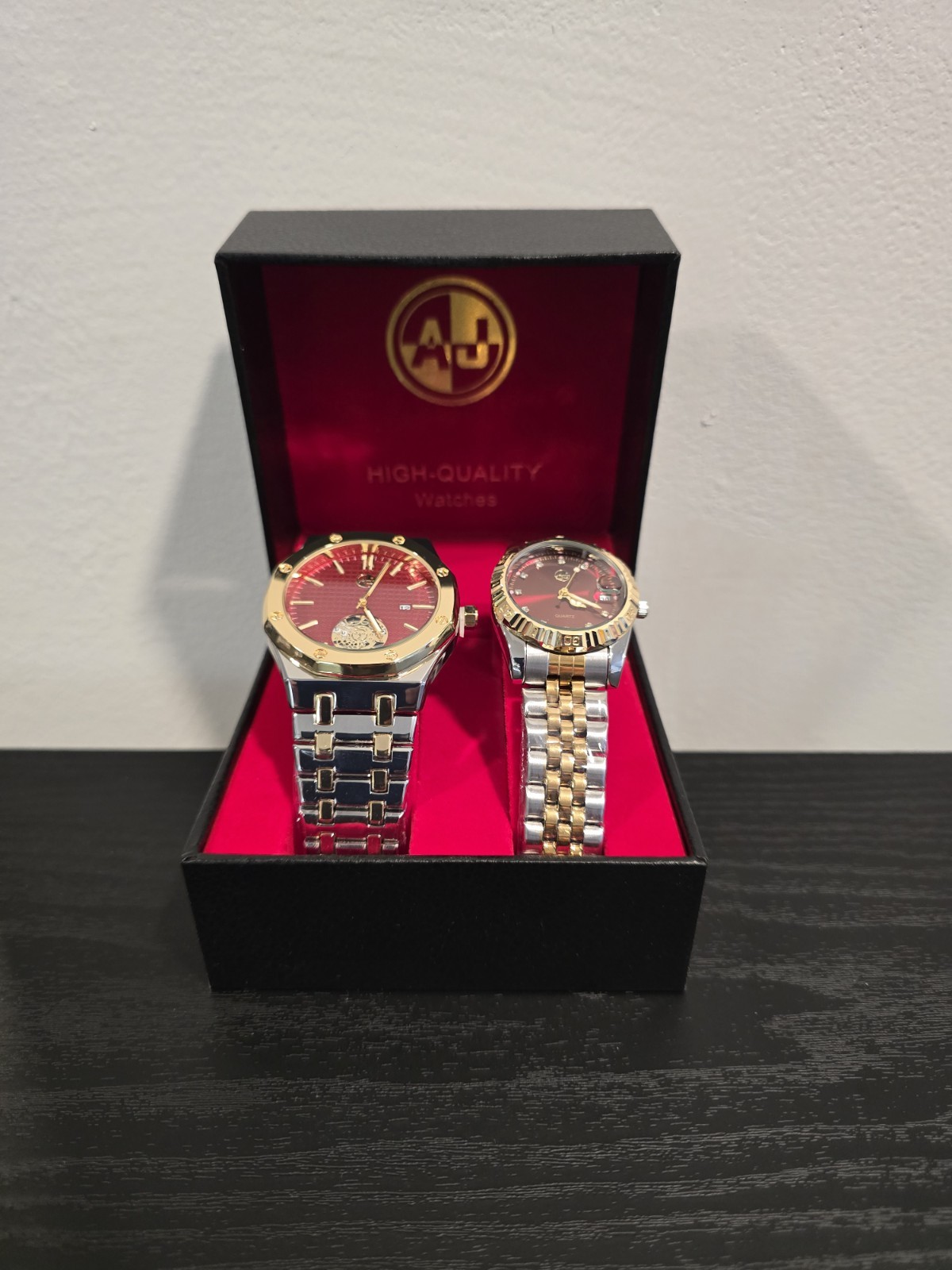 ​His and Hers Luxury Watch Matching Set Two-Tone Gold Silver Red Dial Gift Boxed
