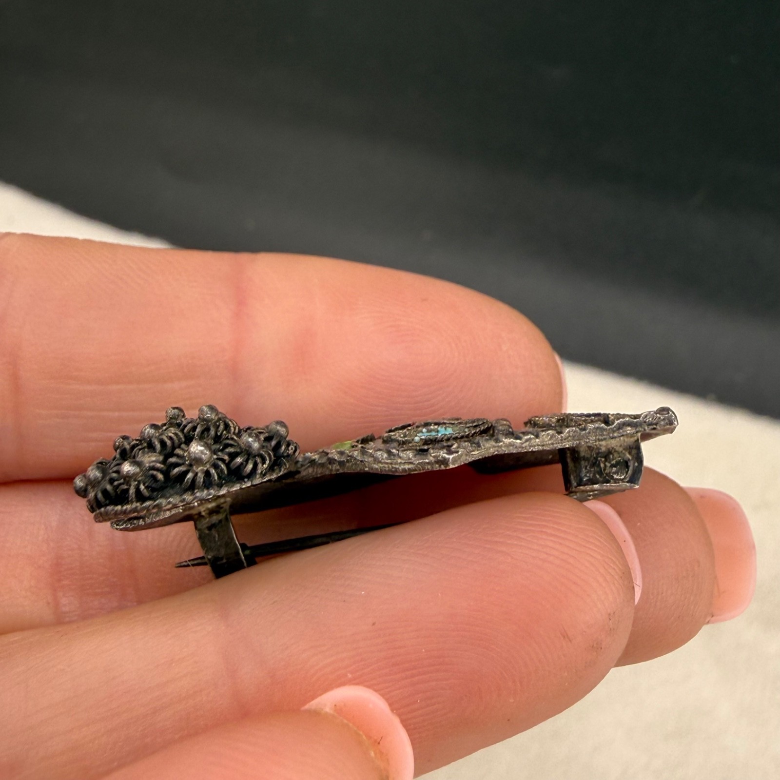 Vintage Chinese Export Enamel Shoe Brooch Silver Tone