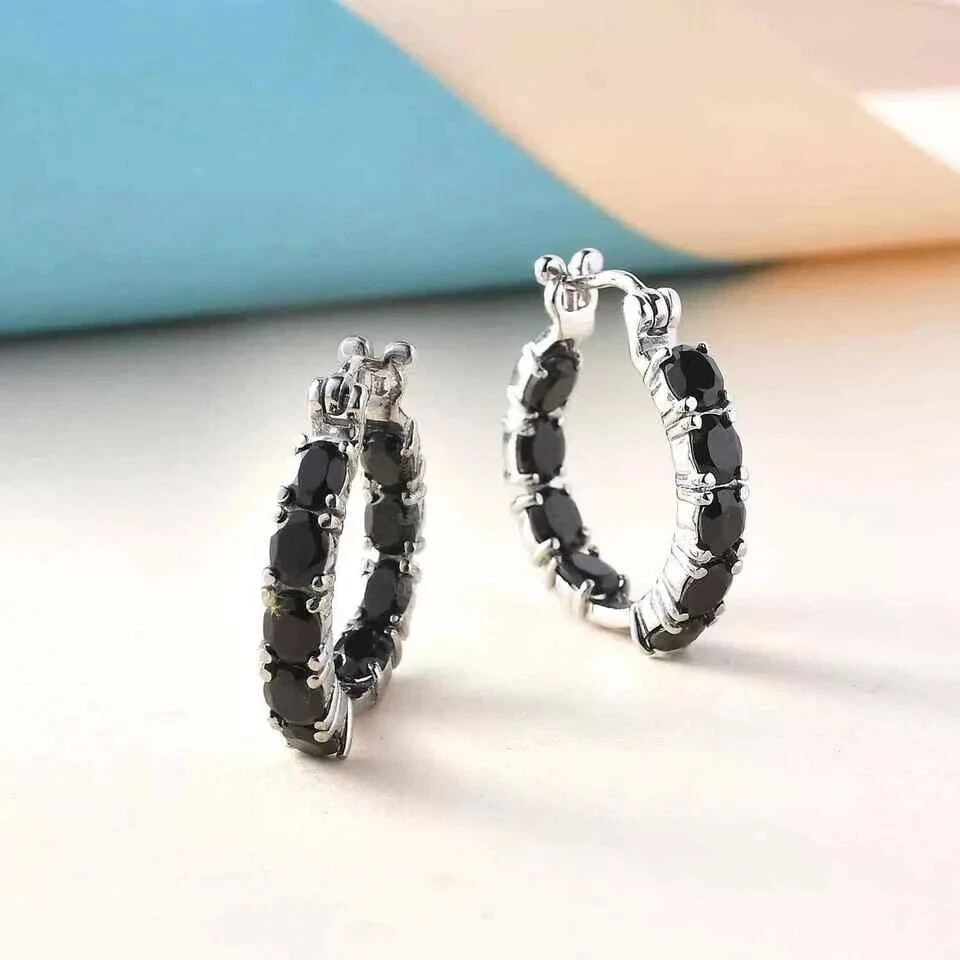 Lab Created Black 3Ct Oval Cut Spinel Huggie Hoop Earrings 14K White Gold Plated