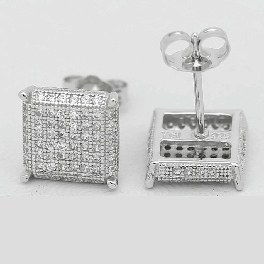Men’s Sterling Silver 925.Black CZ Square 11mm Pairs Earring Unisex + Box