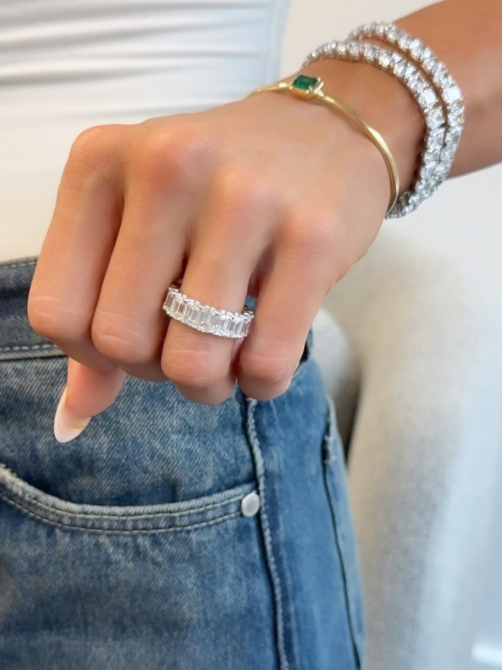 6.00 Ct Emerald Cut Lab Grown Diamond Eternity Forever Band Solid 14K White Gold