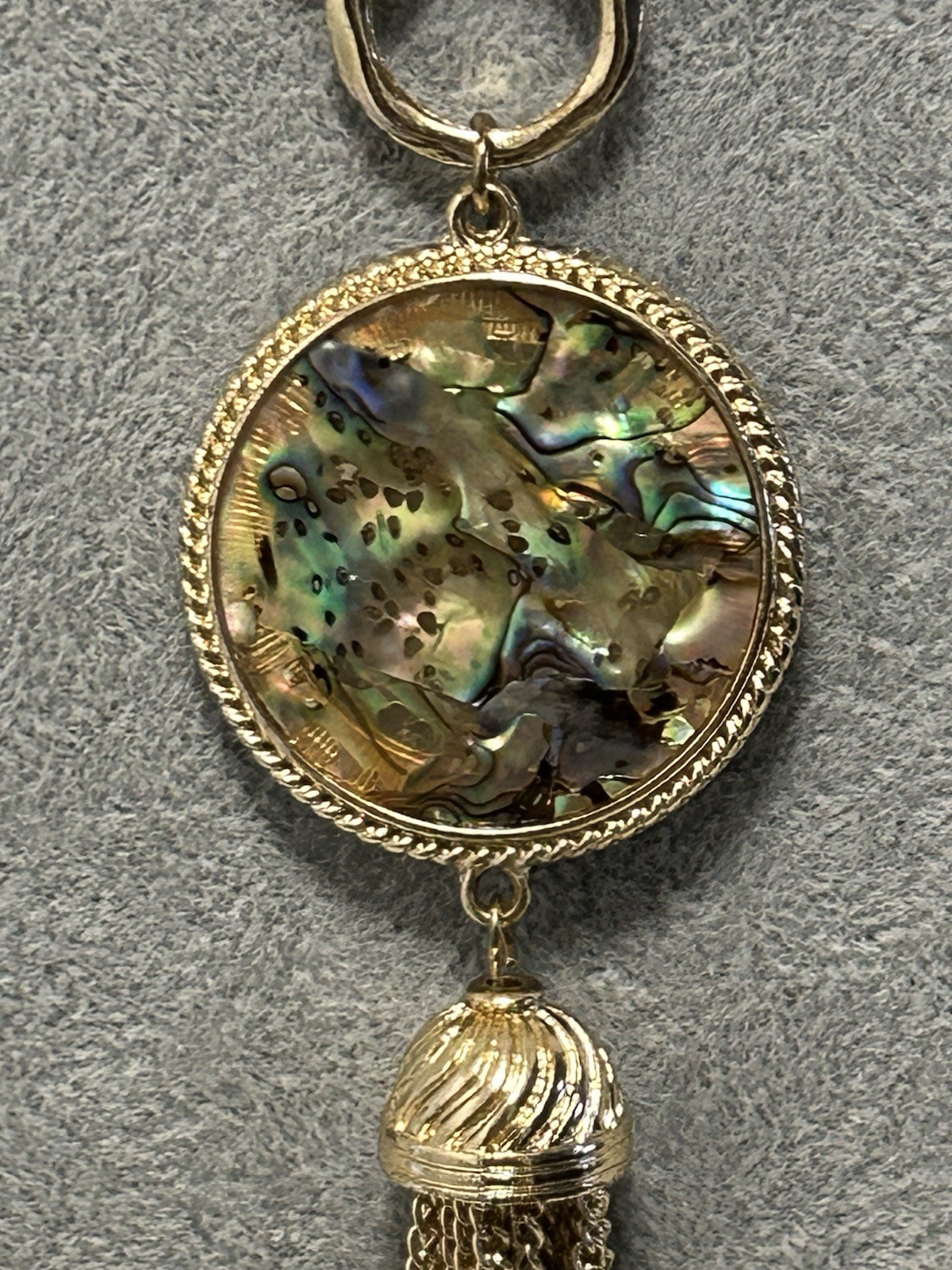 Beaded Necklace Blue/Gold/Clear Beads Ornate Gold-Tone Abolone Pendant & Tassel