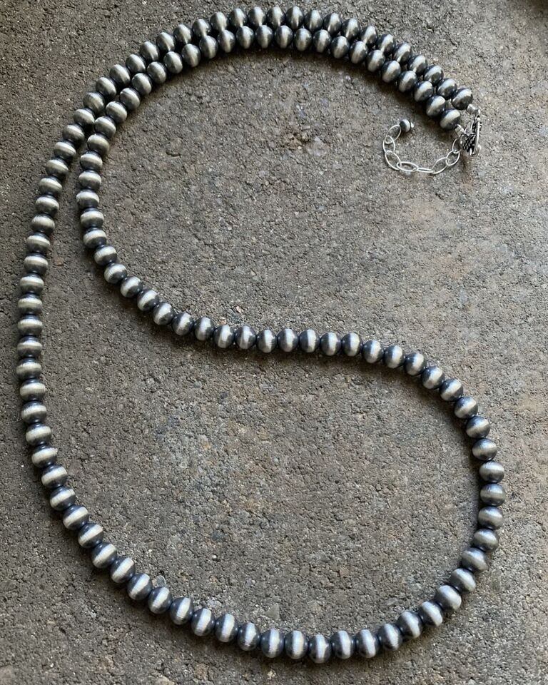 7mm 36 Inch 925 Sterling Silver Oxidized Pearls Bead Necklace Southwestern