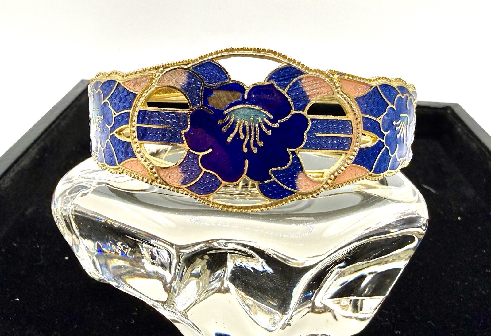 Blue Enamel Floral Hinged Bangle Bracelet Gold Tone Cloisonné Style Art Nouveau
