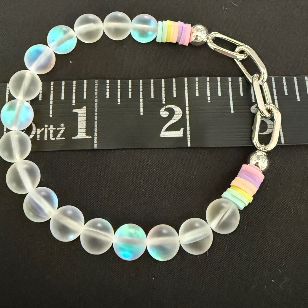 Mermaid Glass and Silver Paperclip Link Beaded Bracelet