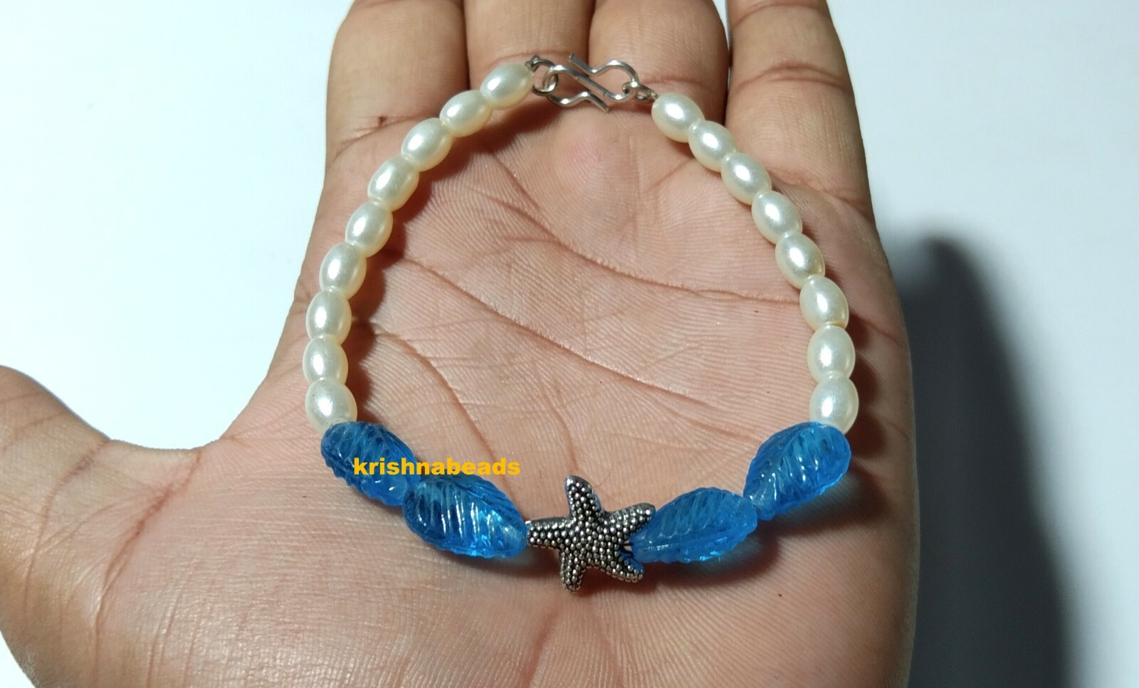 Bracelet Beads Pearl Beryl & Blue Topaz Hydro Leaf Carved Pear 11-14mm 7″Inch