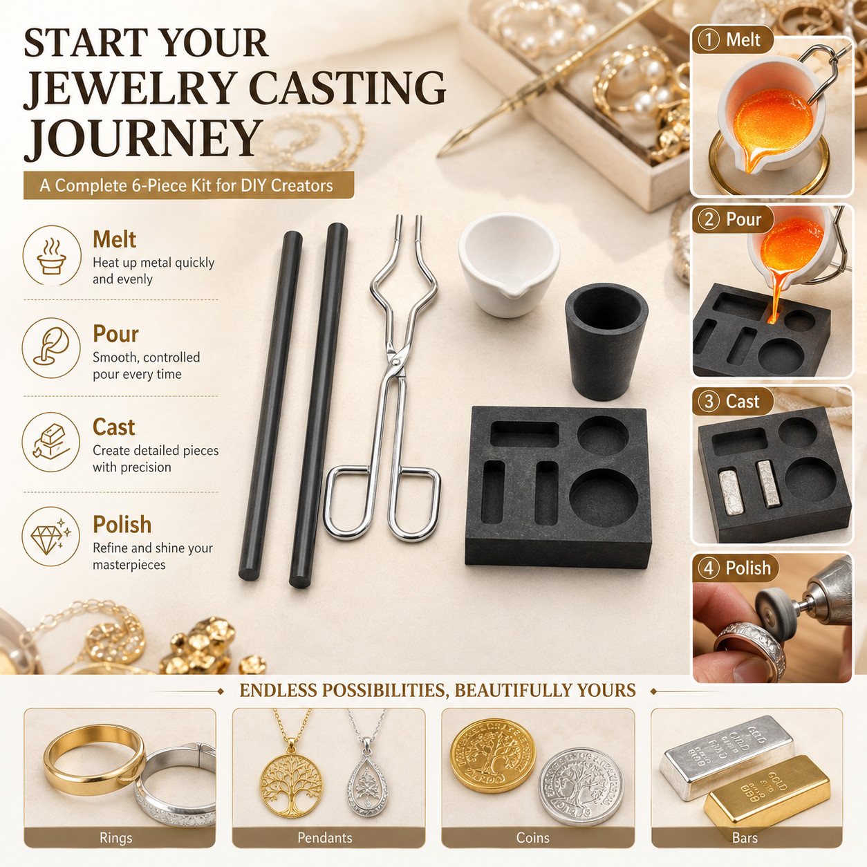 6PCS Graphite Ingot Mold Crucible Casting Kit Gold Silver Copper Refining Set