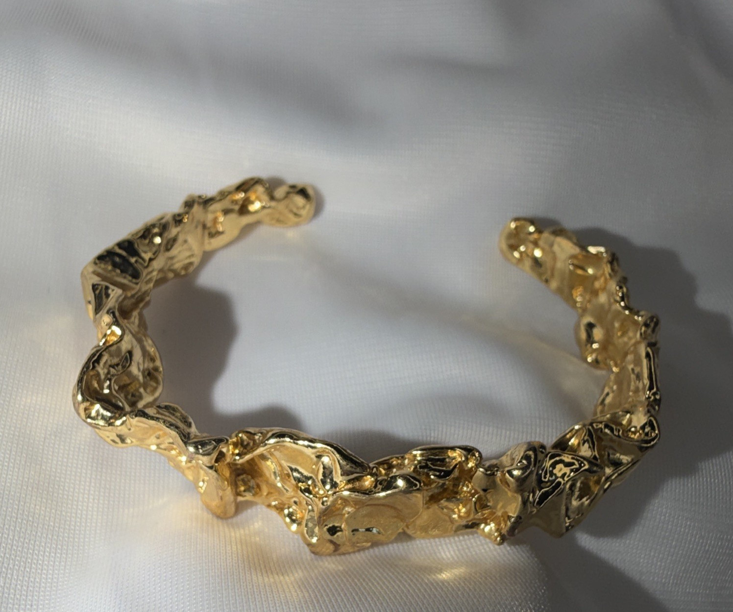 Gold Tone Textured Organic Nugget Style Open Cuff Bracelet Adjustable