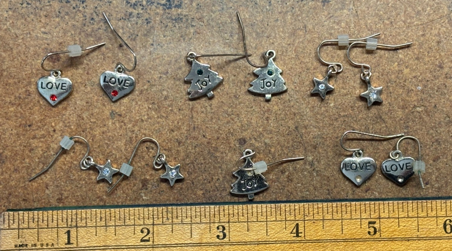 Lot 11 vtg “K.C.” Designer marked EARRINGS Dangle LOVE HEART Joy CHRISTMAS STAR