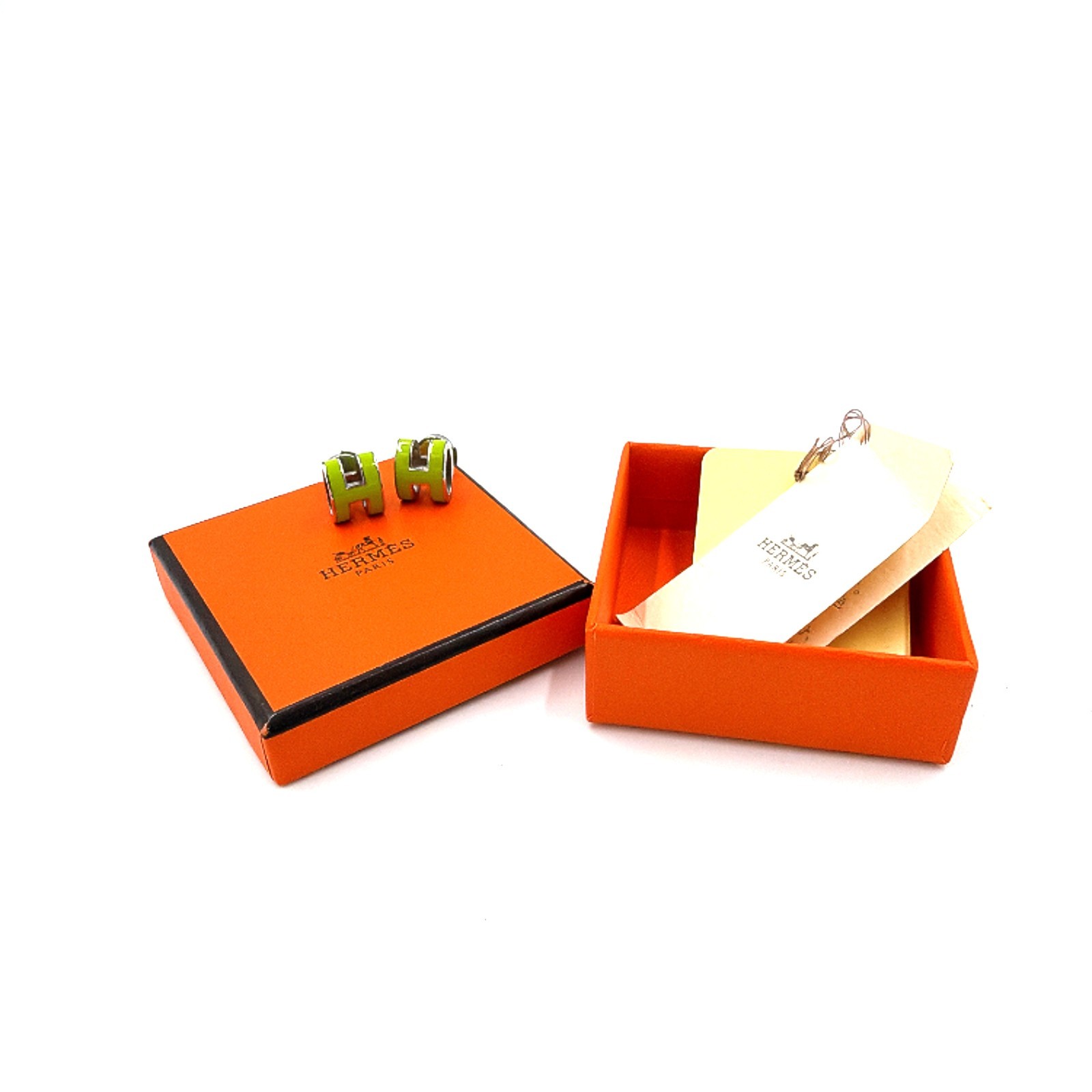 HERMES Mini Pop H Pierce Lime Green Enamel Silver Tone with Box Authentic