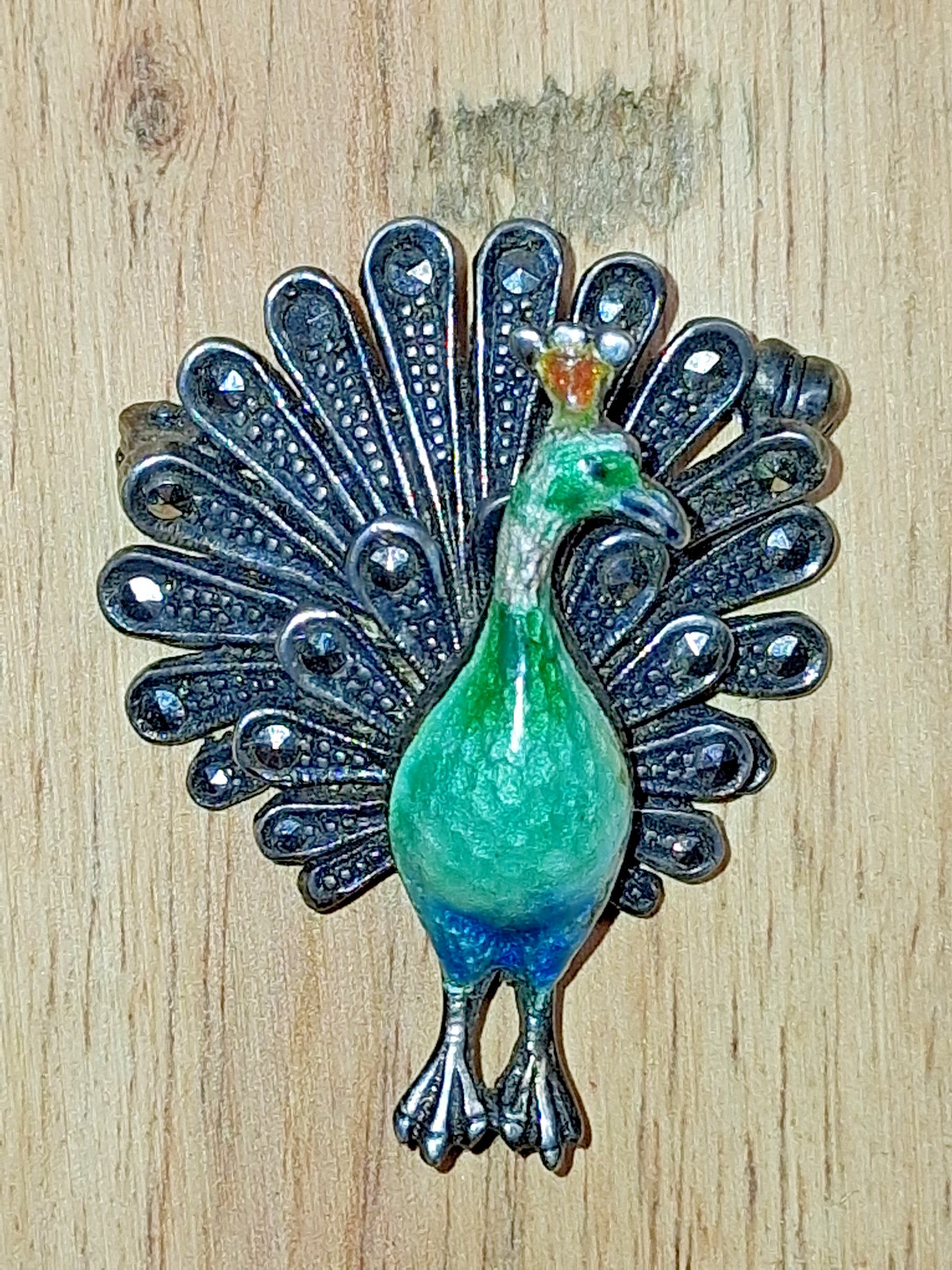 Vintage Germany Sterling Silver Marcasite Enamel Peacock Brooch Pin Art Deco