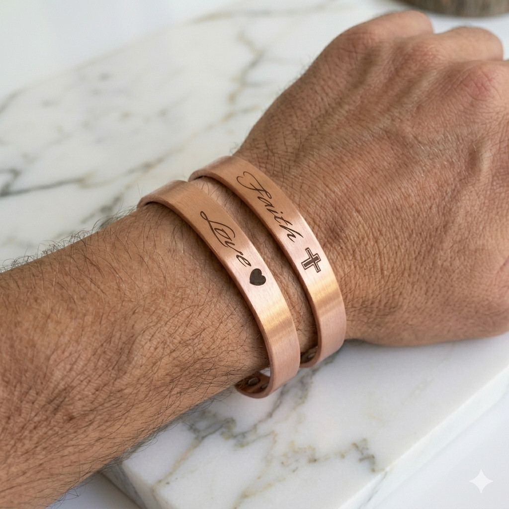 2 Pack Pure Copper Magnetic Bracelet Solid Copper Cuff FAITH CROSS LOVE HEART
