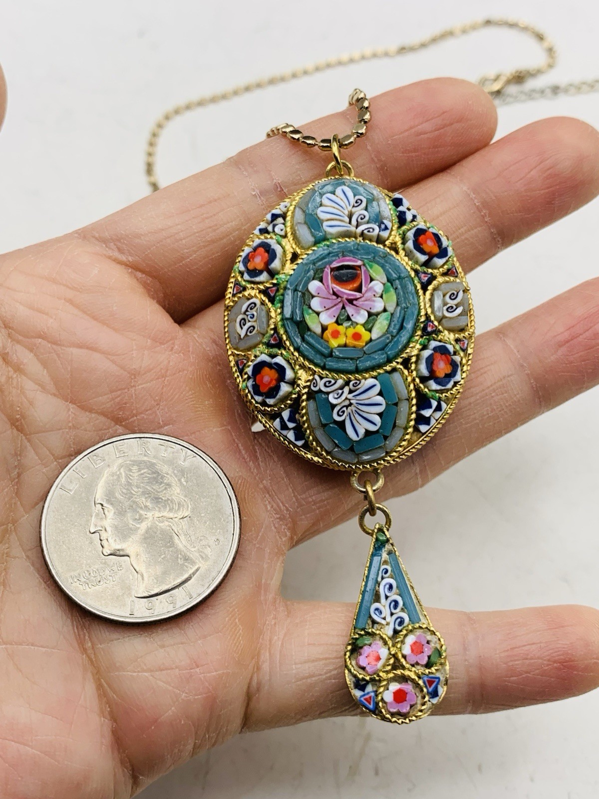 Vintage Colorful Boho Italian Micro mosaic Millefiori Floral Gold Tone Necklace