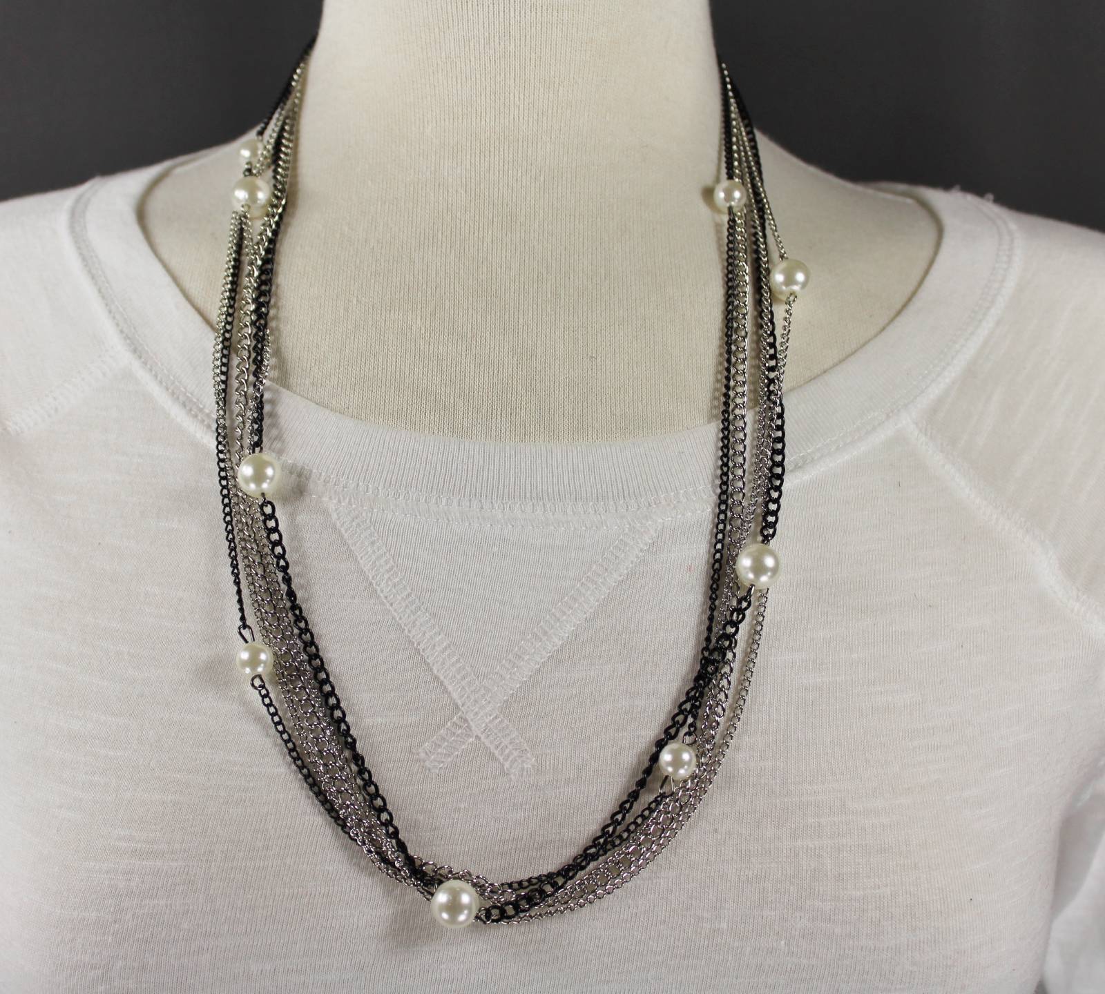 Black Silver Gold 5 strand faux pearl draped long statement bib necklace 24 long