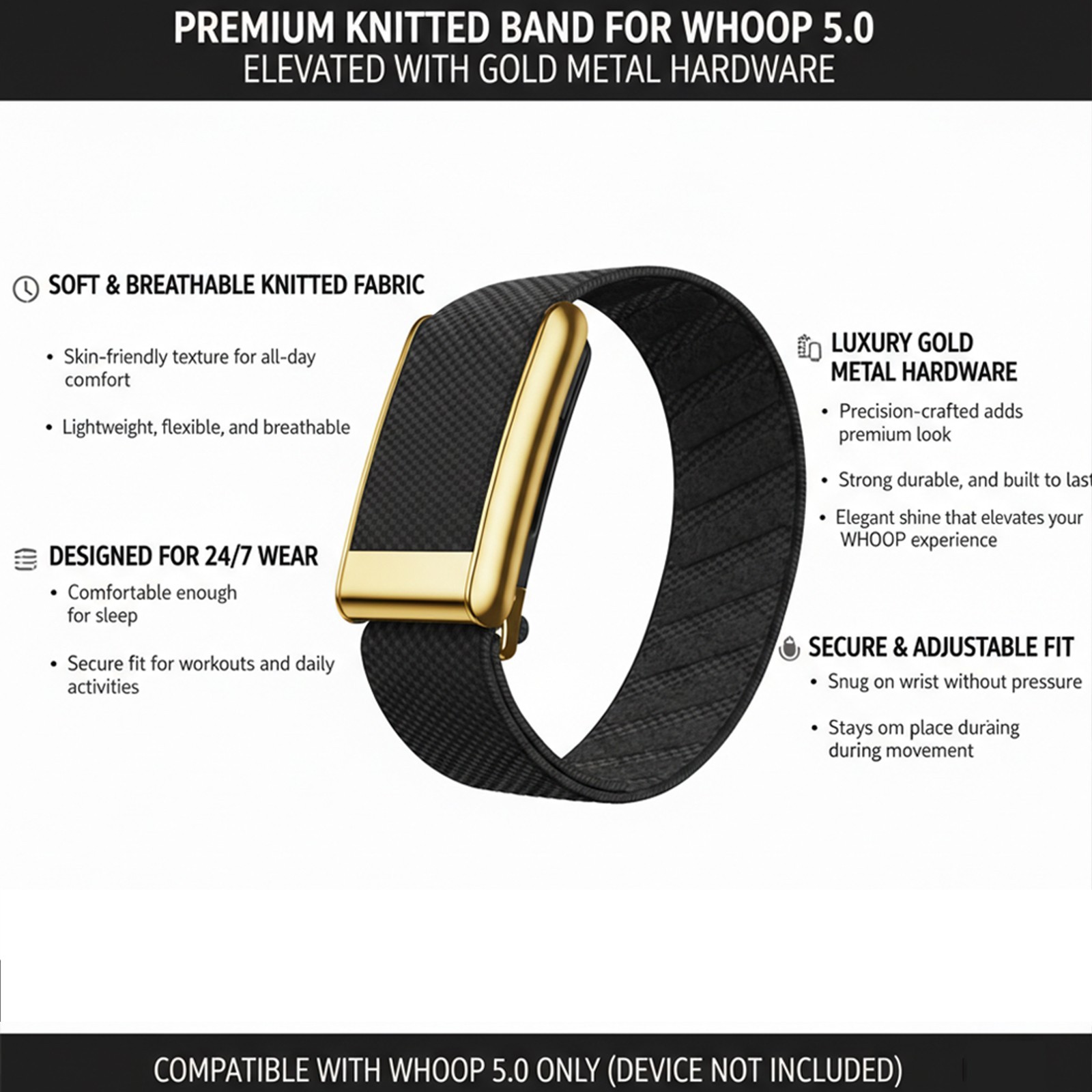 Gold/ Black Metal Band for Whoop 5.0 & MG Strap Replacement Nylon Wristband