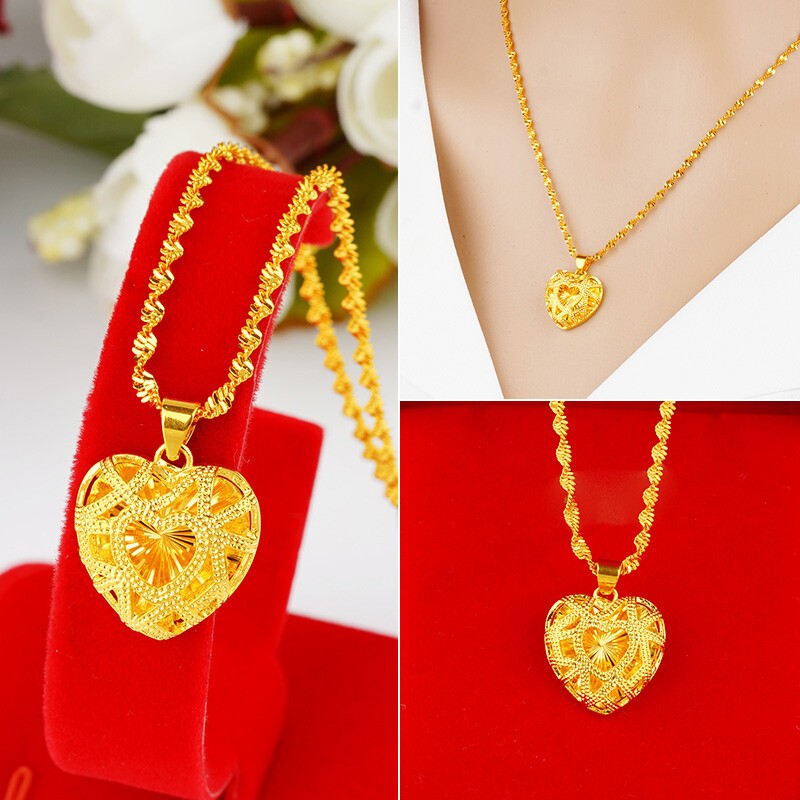 Women Hollow Heart Necklace 22k 23k 24k Thai Baht Yellow Gold Gp Necklace