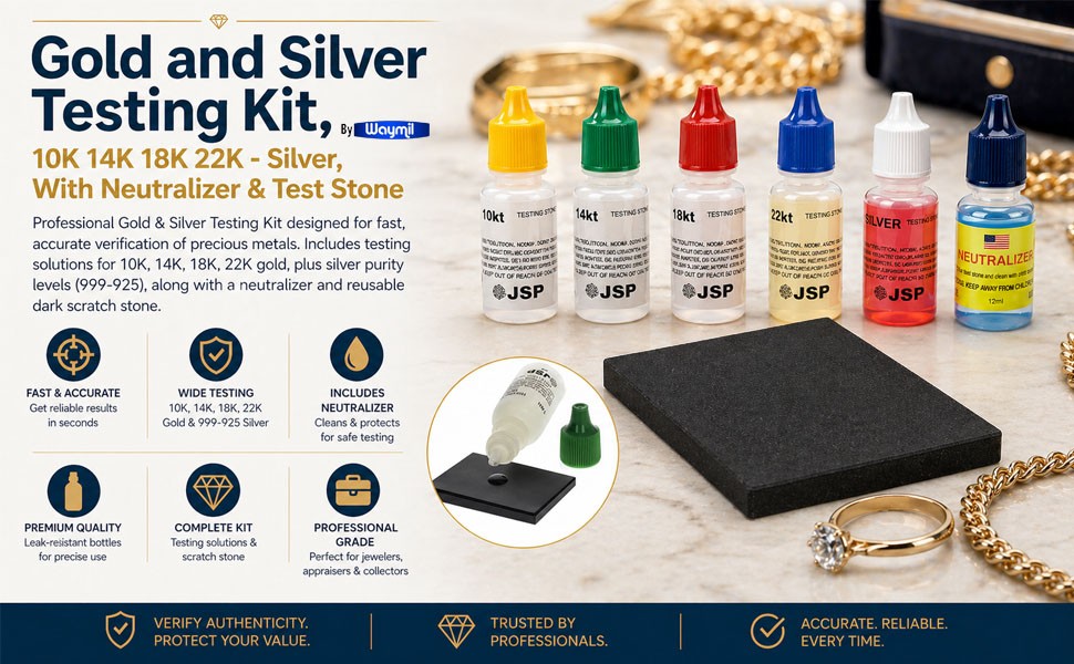 Gold Silver Testing Kit 10K–22K Solutions with Neutralizer & Stone