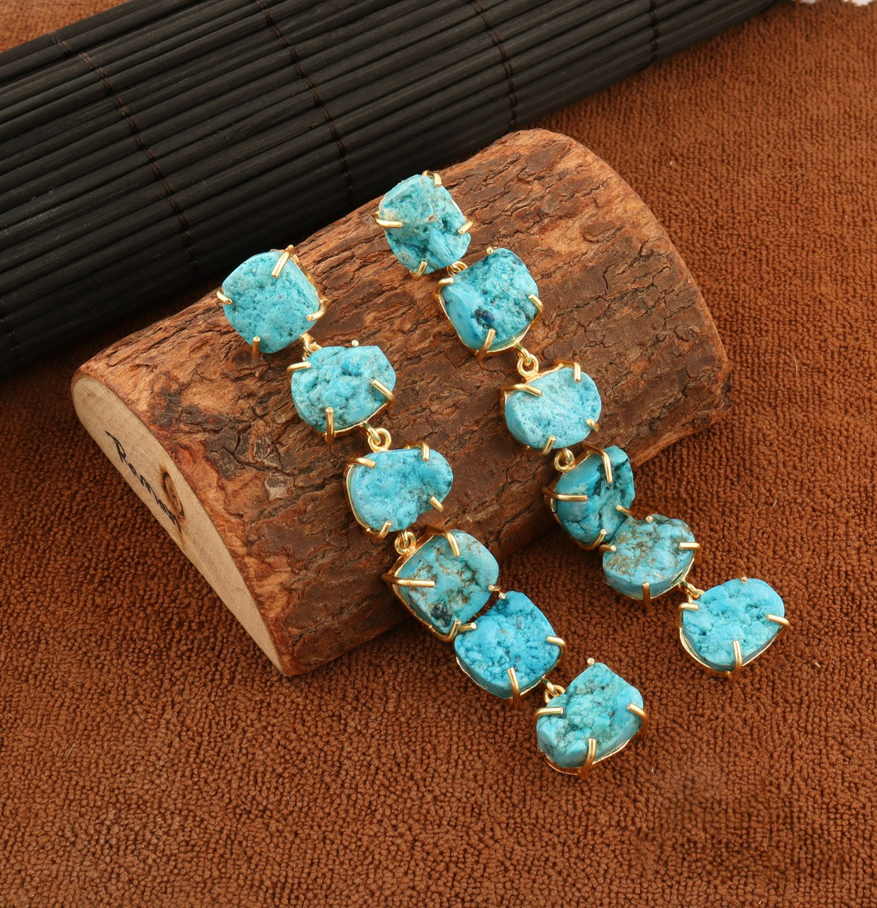 Modern Style Women Earring Raw Turquoise Gold Plated Long Drop Handmade Earring