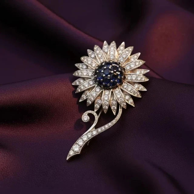 2.60Ct Round Cut Lab Created Sapphire Flower Brooch Pin 14K Yellow Gold Plated