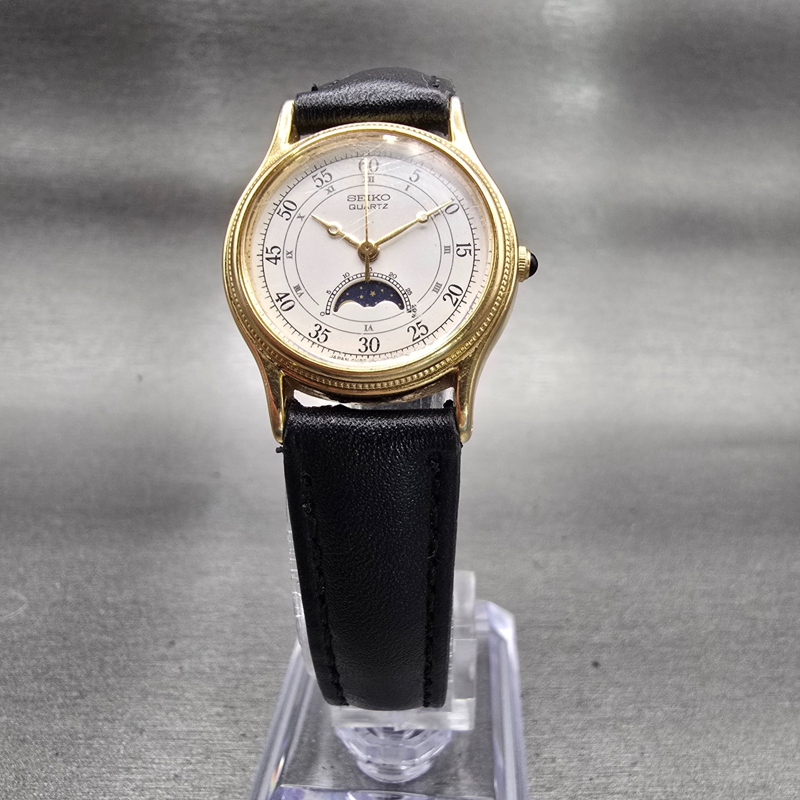 Seiko Moon Phase Watch Women 24mm White Dial Gold Tone 4K22-0050 New Battery VTG