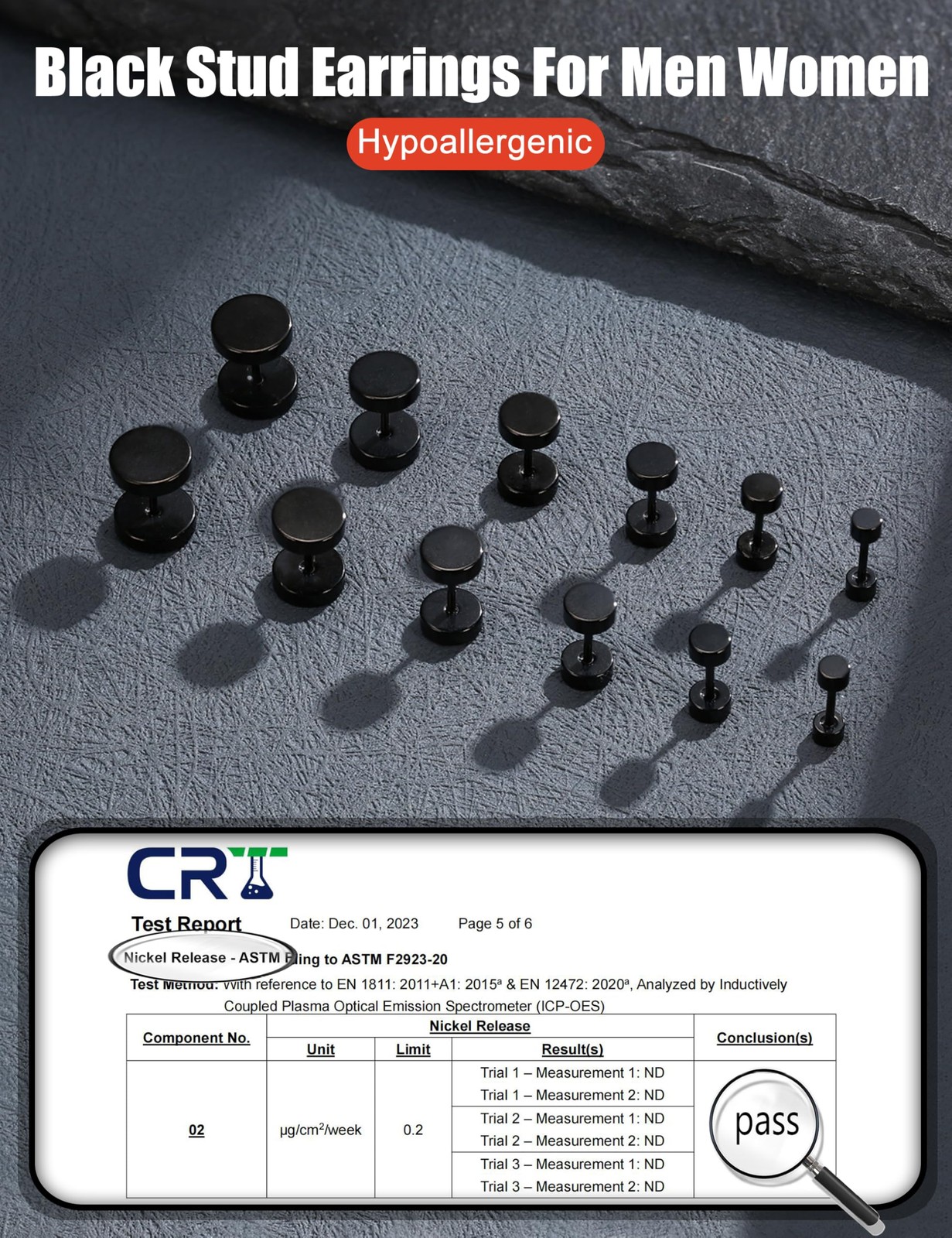 6 Pairs Stainless Steel Black Stud Earrings for Men Women Faux Gauges Ear Tunnel