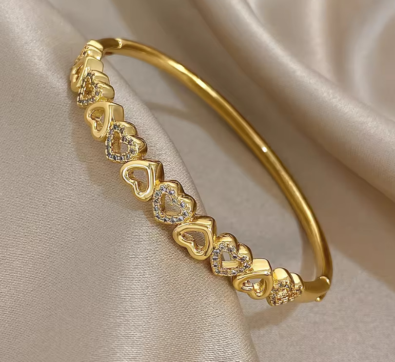 Gold Plated Zircon Heart Cuff Bracelet Copper Stackable Bangle for Women