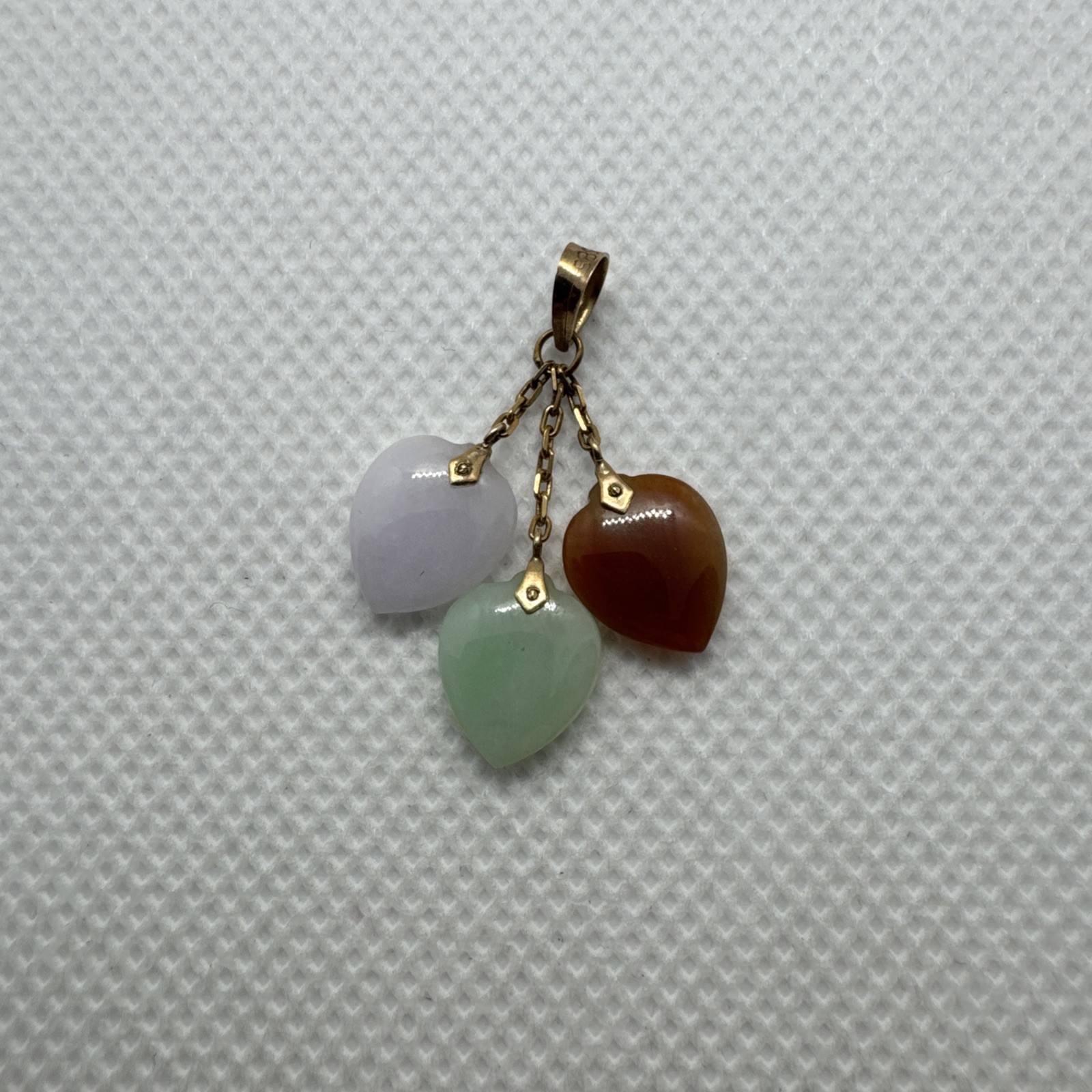 14k Solid Yellow Gold Green Brown White Jadeite Jade 3 Heart Pendant Charm 585