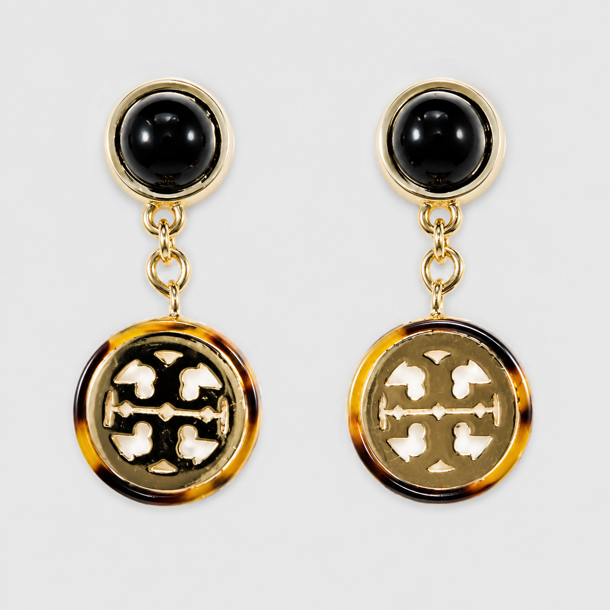 Tory Burch Gold Black Tortoise Double T Logo Resin Drop Dangle Post Earrings New