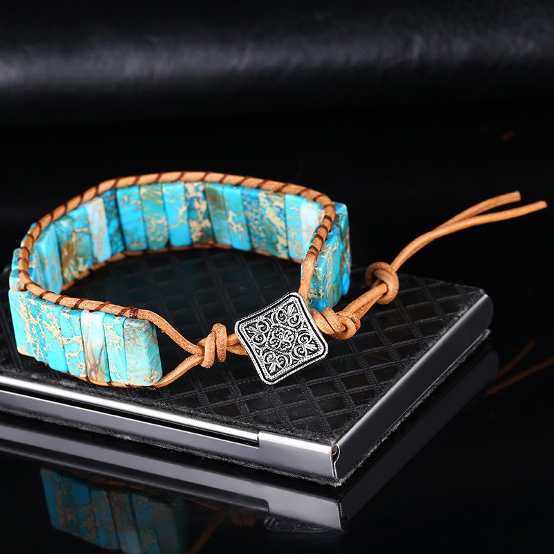Natural Turquoise Tube Stone Bracelet Leather Braided Healing Reiki Gifts 6.7 in