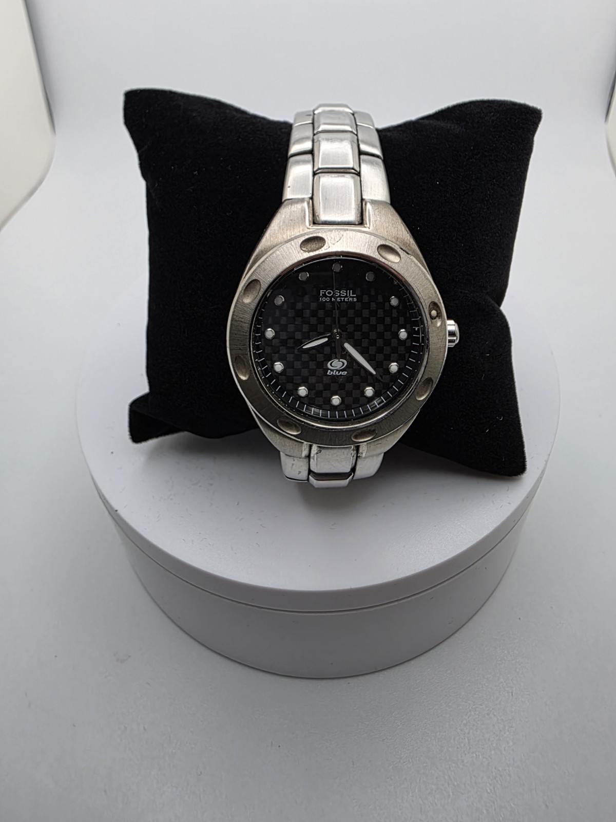 FOSSIL BLUE AM-3287 BLACK DIAL STAINLESS STEAL WITH NEW BATTERY!